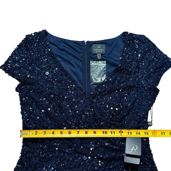 NWT Adrianna Papell Womens Sequin Bead Top Cap Sleeve Wrap Front Formal Navy 10 - Picture 6 of 13